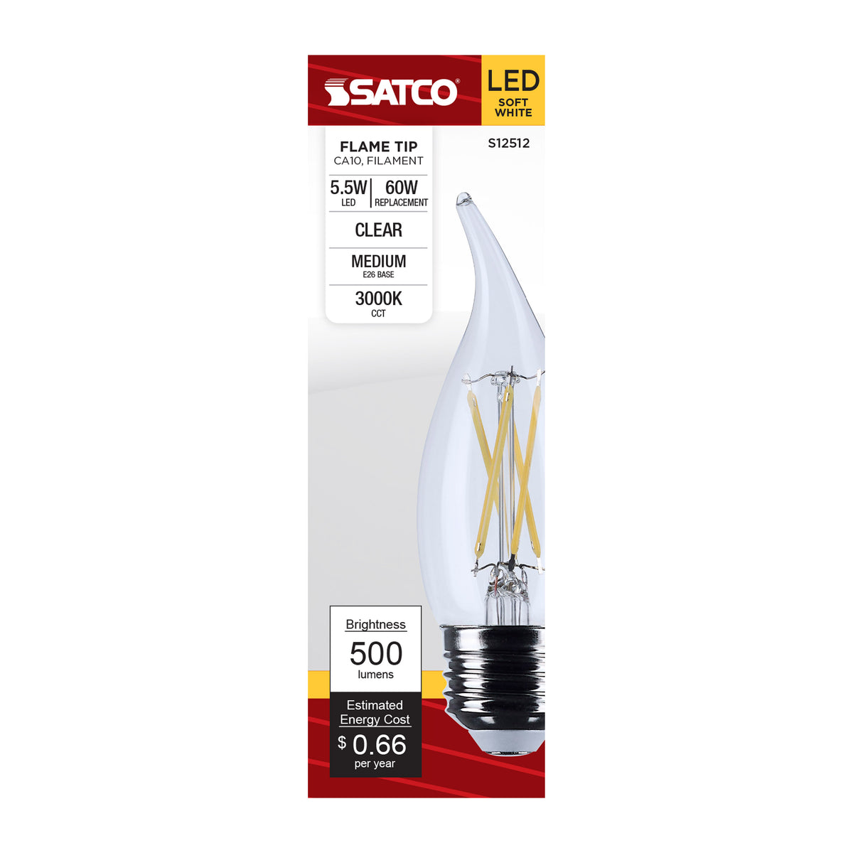 5.5 Watt CA10 LED - Medium Base - Clear - 3000K CCT - 120 Volt