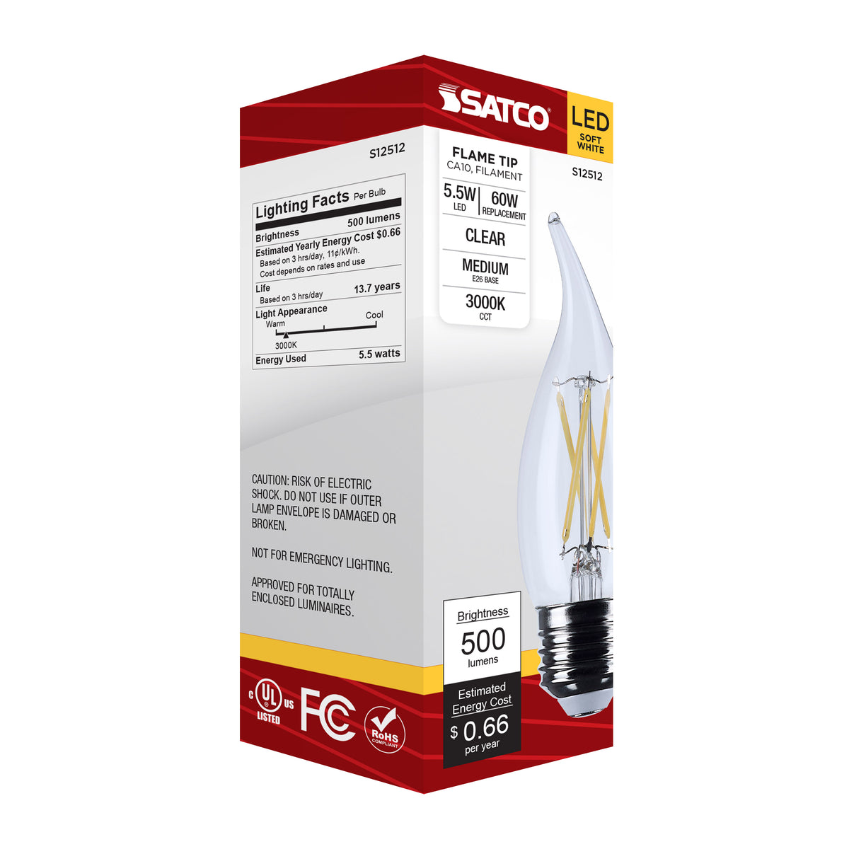 5.5 Watt CA10 LED - Medium Base - Clear - 3000K CCT - 120 Volt