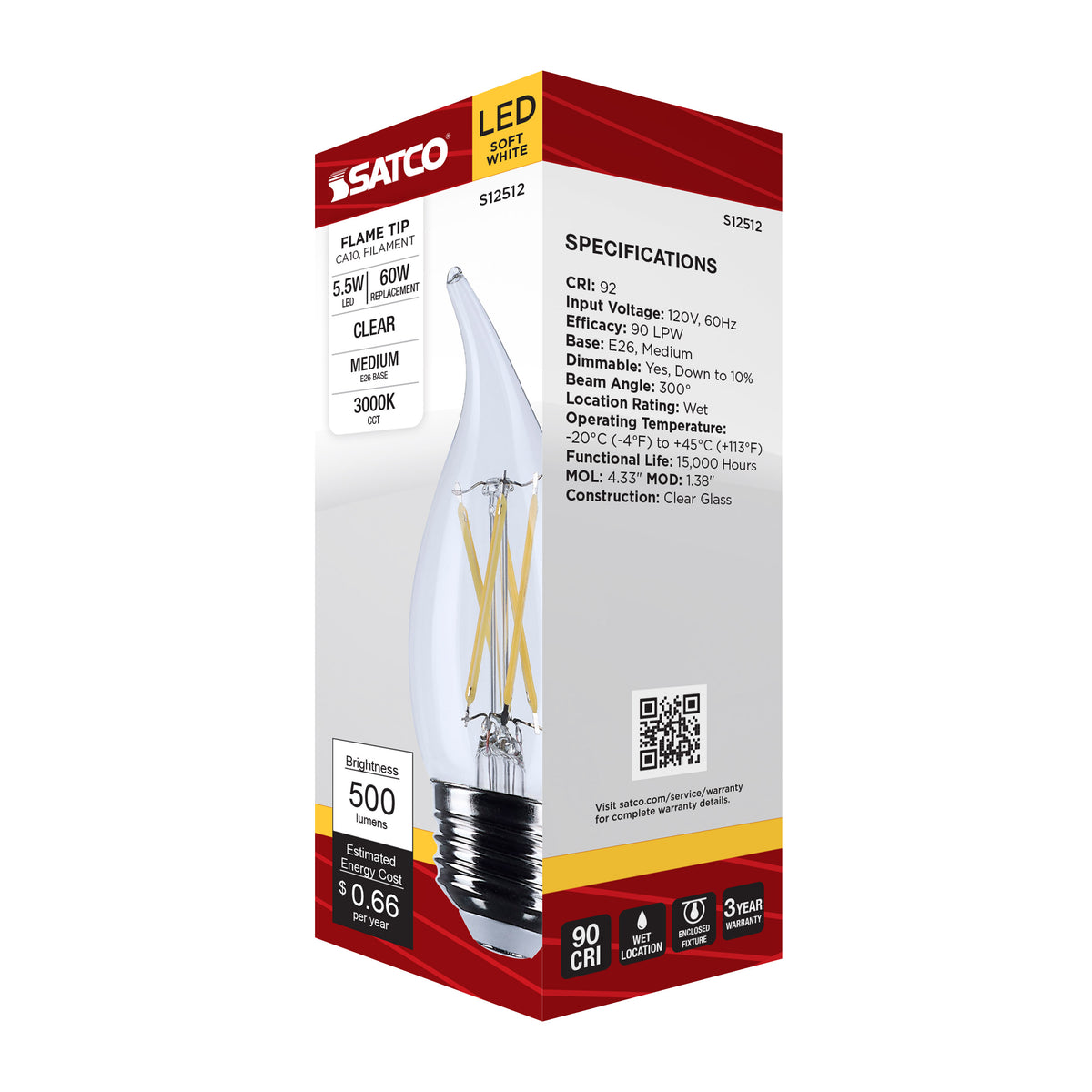 5.5 Watt CA10 LED - Medium Base - Clear - 3000K CCT - 120 Volt
