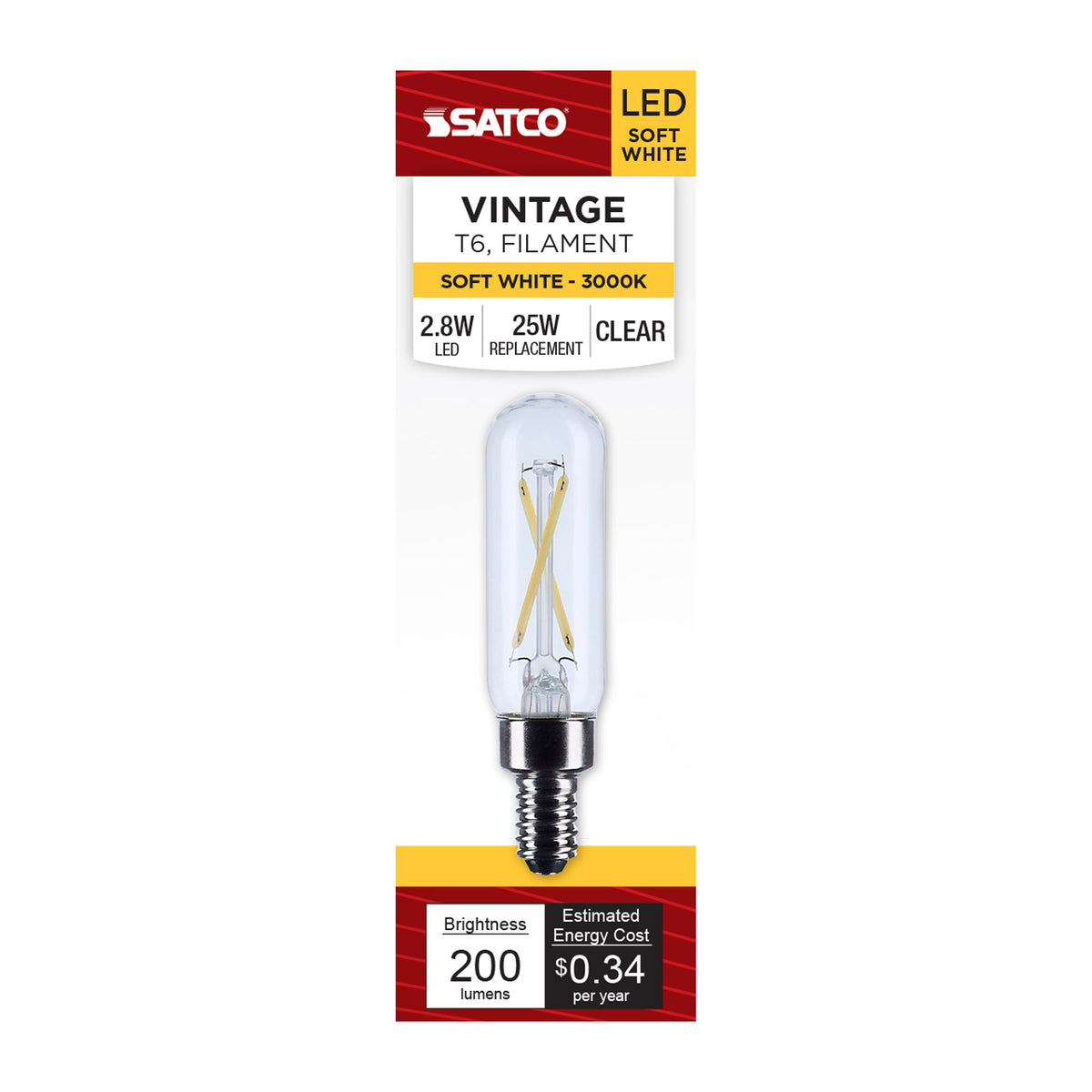 2.8 Watt T6 LED - Candelabra Base - Clear - 3000K CCT - 120 Volt