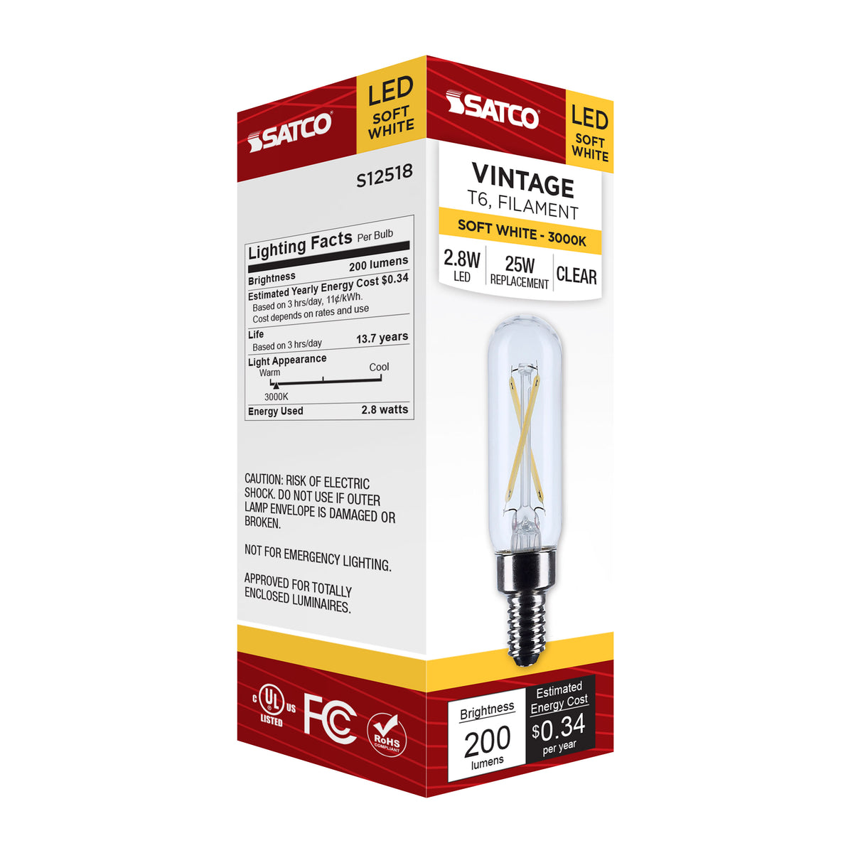 2.8 Watt T6 LED - Candelabra Base - Clear - 3000K CCT - 120 Volt