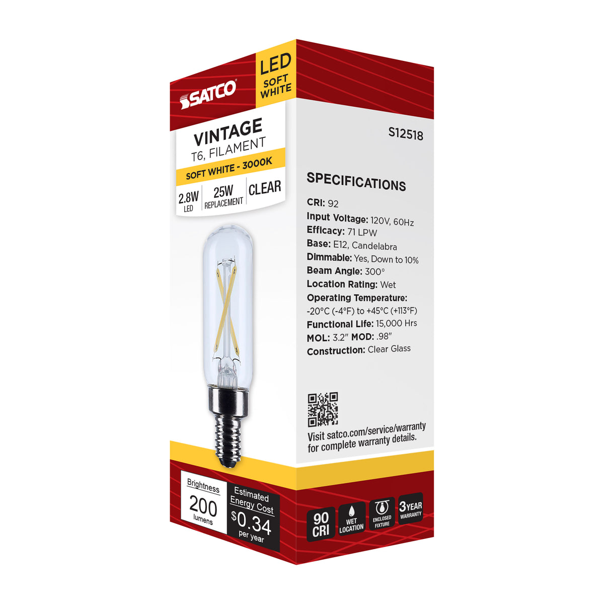 2.8 Watt T6 LED - Candelabra Base - Clear - 3000K CCT - 120 Volt