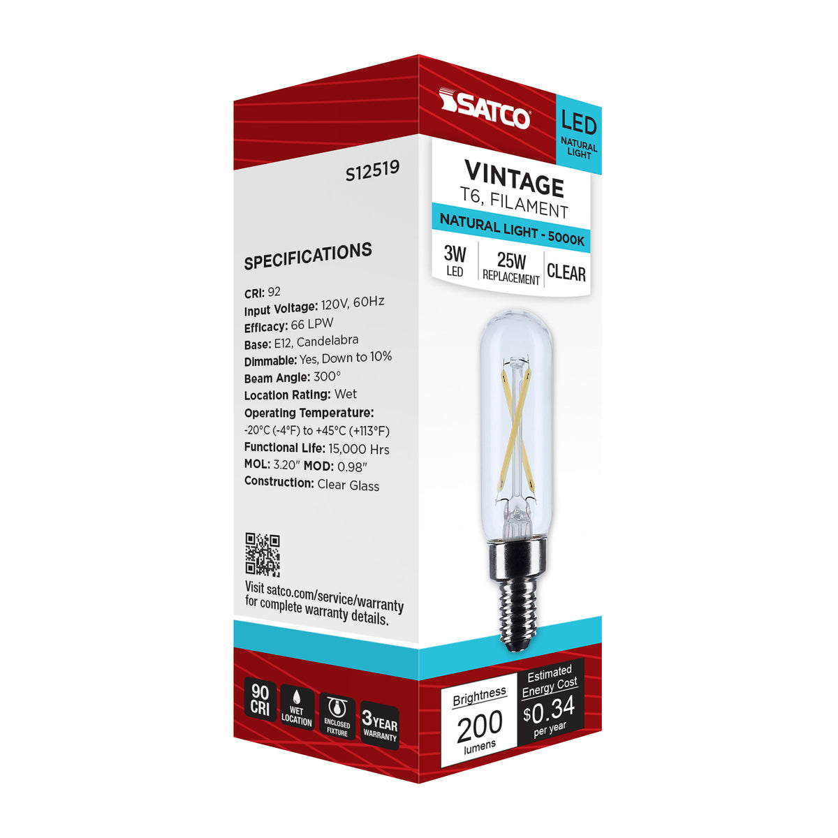 2.8 Watt T6 LED - Candelabra Base - Clear - 5000K CCT - 120 Volt