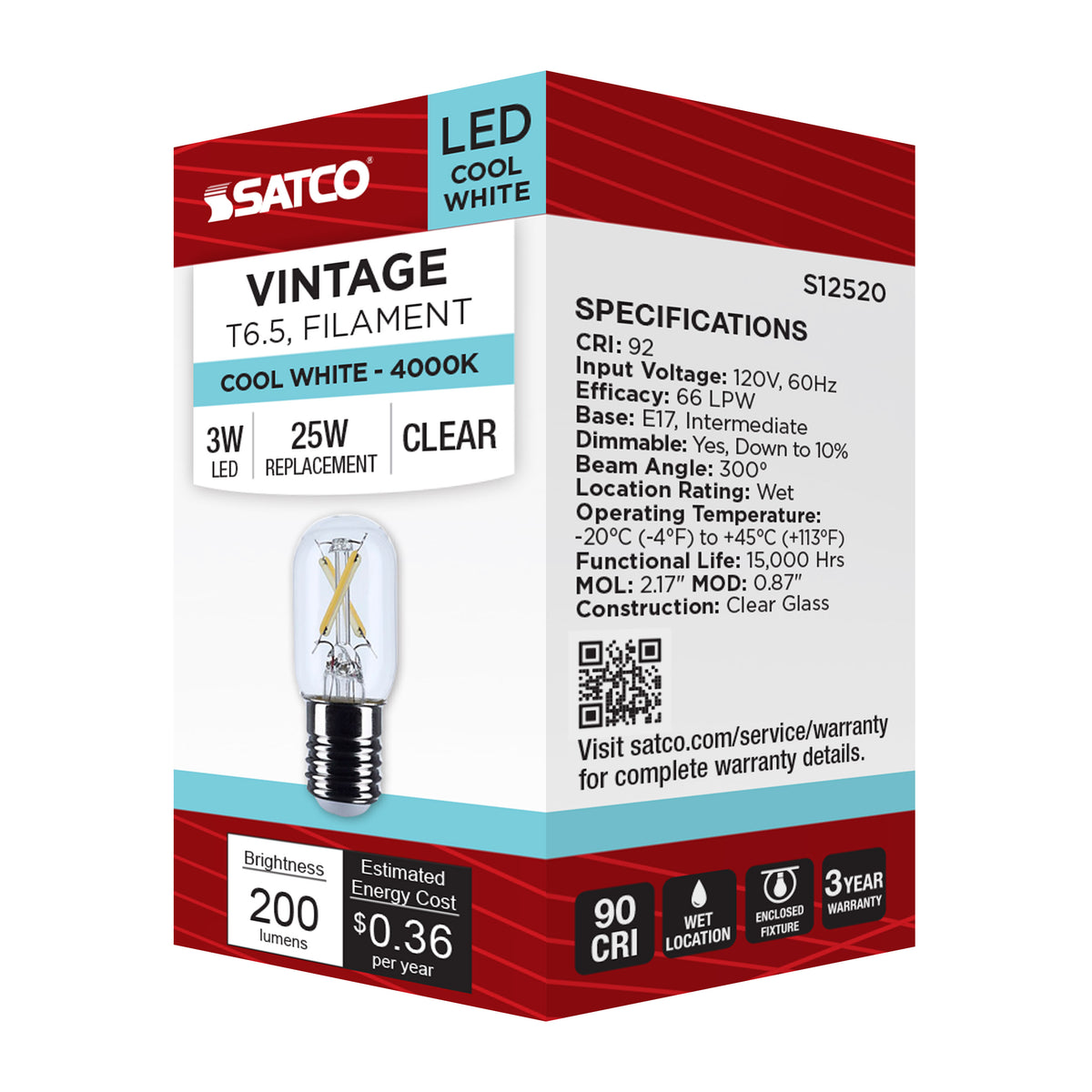 3 Watt T6.5 LED - Intermediate Base - Clear - 4000K CCT - 120 Volt