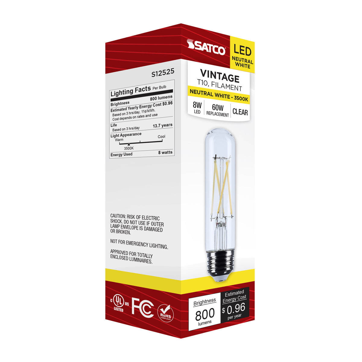 8 Watt T10 LED - Medium Base - Clear - 3500K CCT - 120 Volt