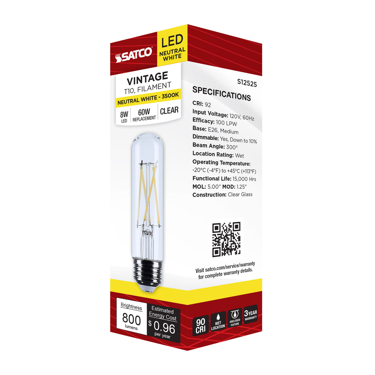 8 Watt T10 LED - Medium Base - Clear - 3500K CCT - 120 Volt