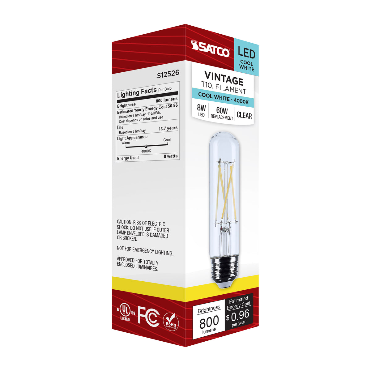 8 Watt T10 LED - Medium Base - Clear - 4000K CCT - 120 Volt
