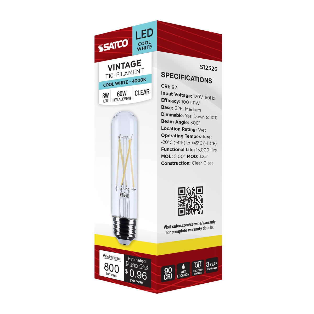 8 Watt T10 LED - Medium Base - Clear - 4000K CCT - 120 Volt