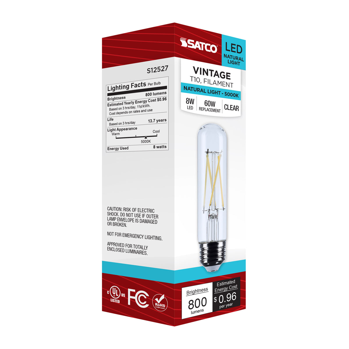 8 Watt T10 LED - Medium Base - Clear - 5000K CCT - 120 Volt