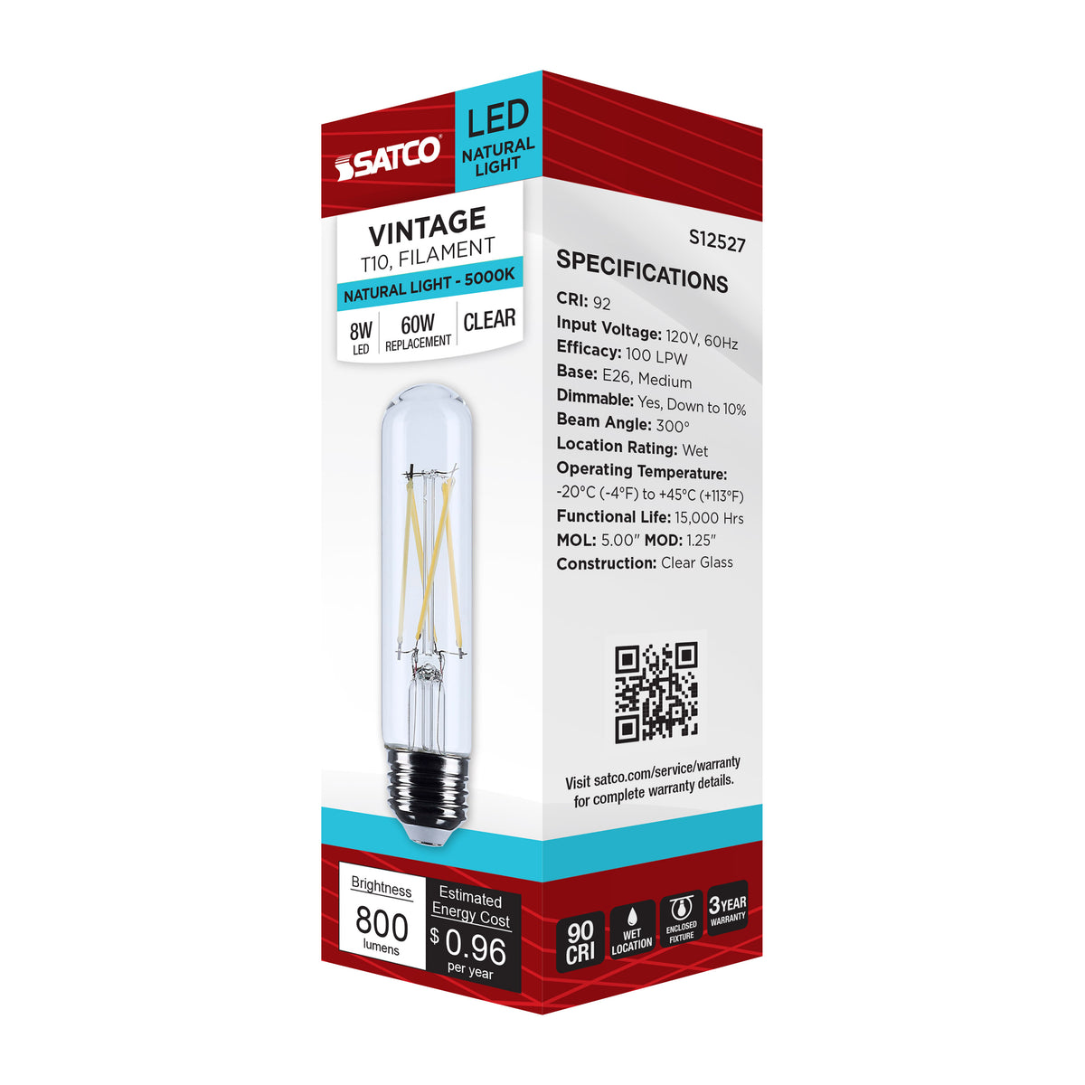 8 Watt T10 LED - Medium Base - Clear - 5000K CCT - 120 Volt