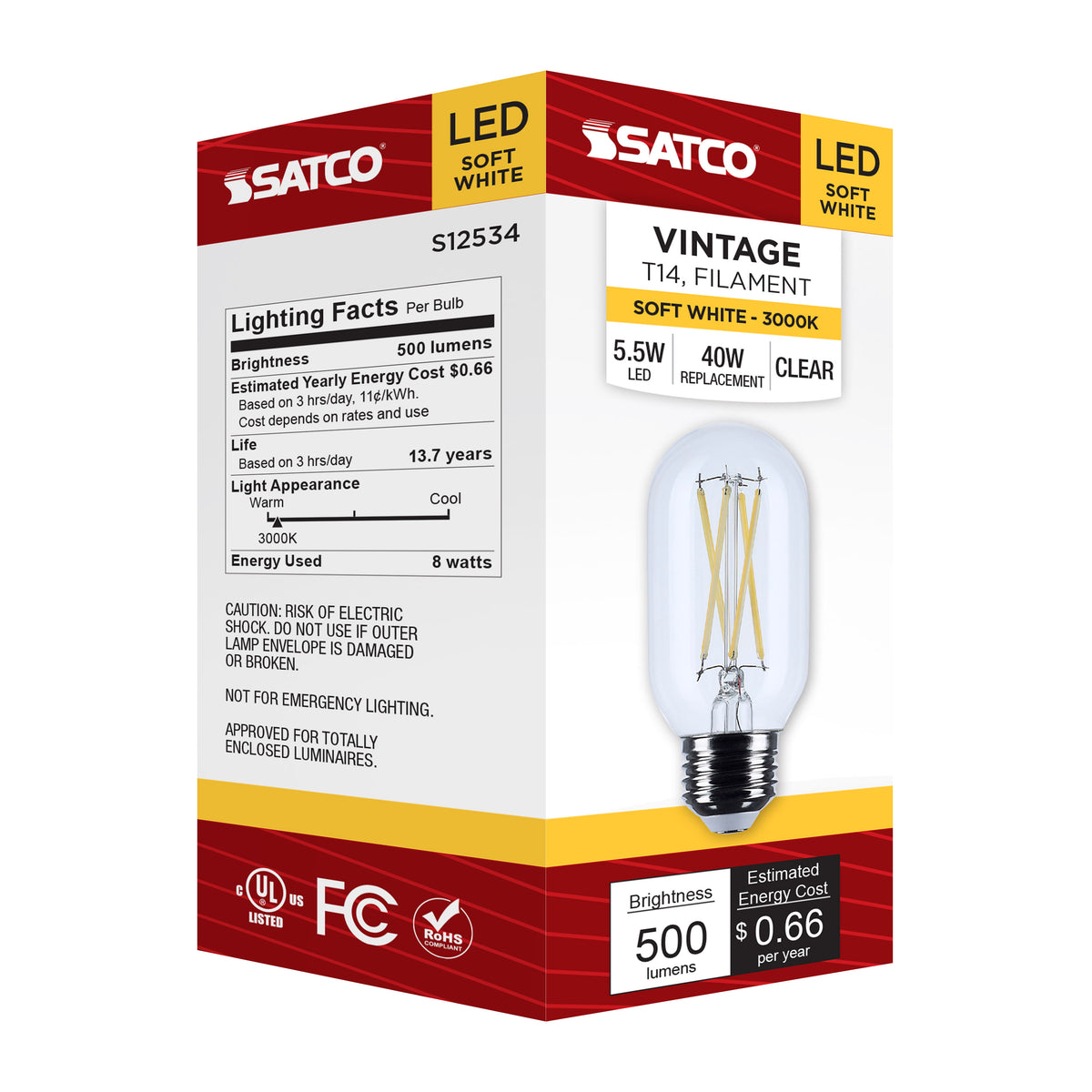5.5 Watt T14 LED - Medium Base - Clear - 3000K CCT - 120 Volt