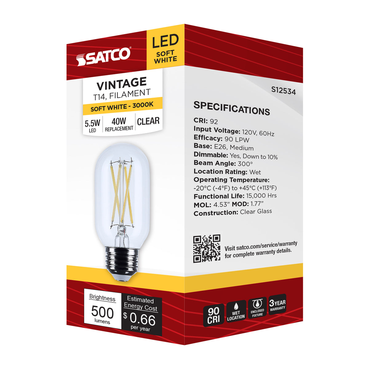 5.5 Watt T14 LED - Medium Base - Clear - 3000K CCT - 120 Volt