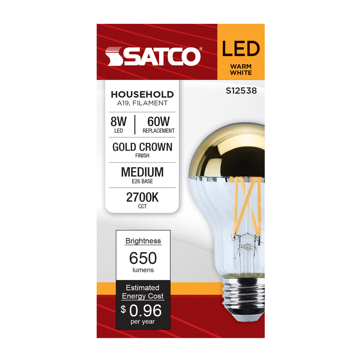 8 Watt A19 LED - Medium Base - 2700K CCT - Gold Crown - 60 Watt Replacement