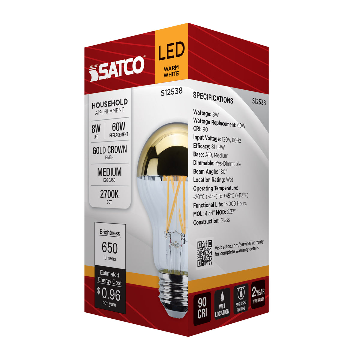 8 Watt A19 LED - Medium Base - 2700K CCT - Gold Crown - 60 Watt Replacement