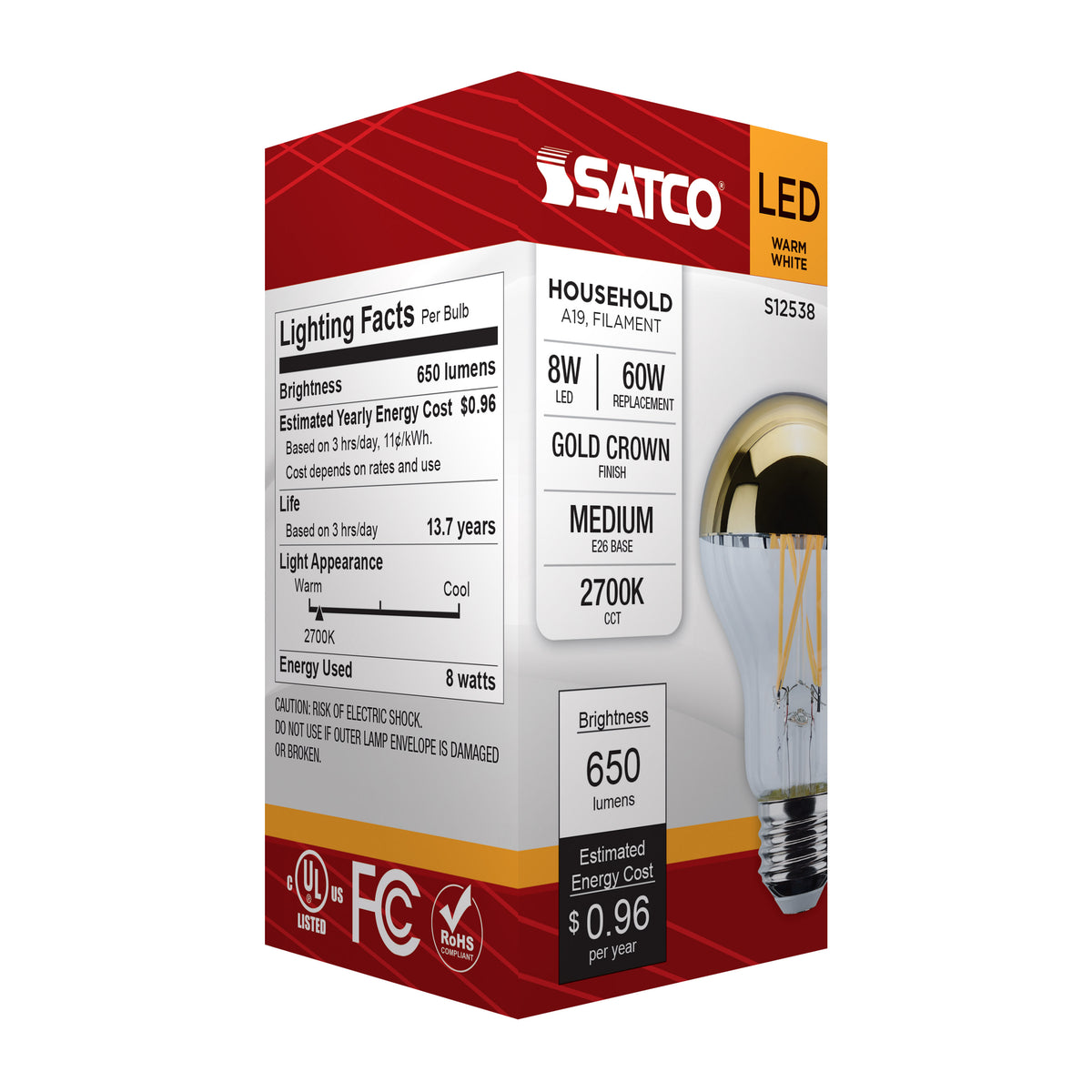 8 Watt A19 LED - Medium Base - 2700K CCT - Gold Crown - 60 Watt Replacement