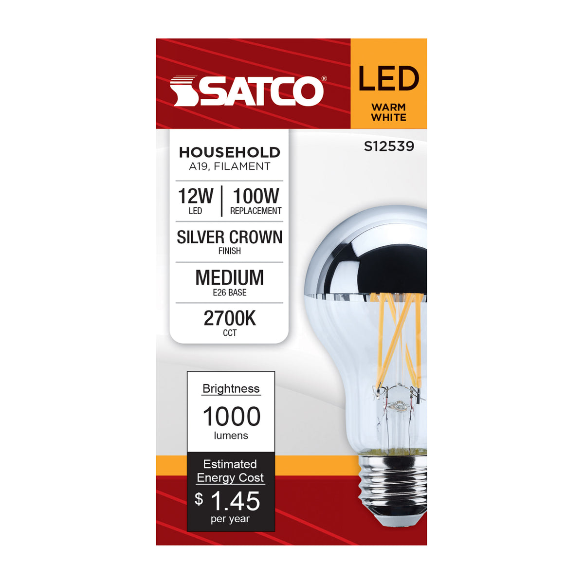 12 Watt A19 LED - Medium Base - 2700K CCT - Silver Crown - 100 Watt Replacement