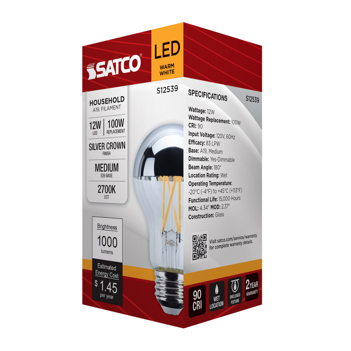 12 Watt A19 LED - Medium Base - 2700K CCT - Silver Crown - 100 Watt Replacement