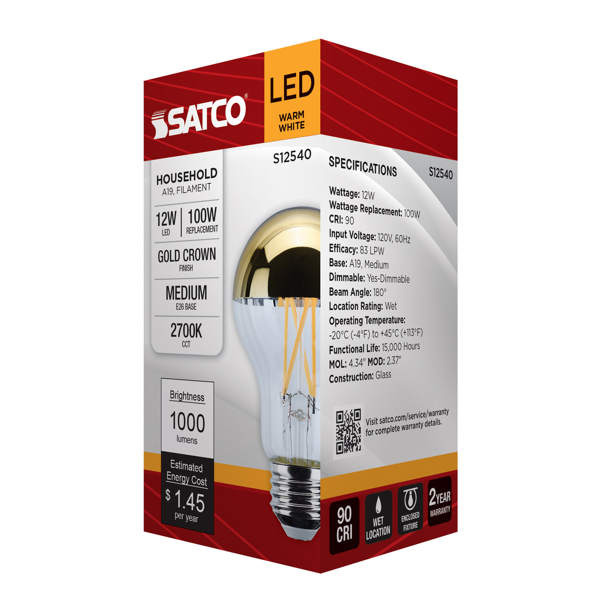 12 Watt A19 LED - Medium Base - 2700K CCT - Gold Crown - 100 Watt Replacement
