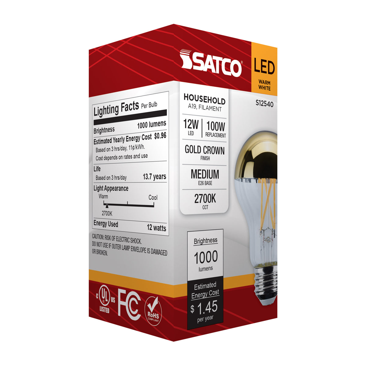 12 Watt A19 LED - Medium Base - 2700K CCT - Gold Crown - 100 Watt Replacement