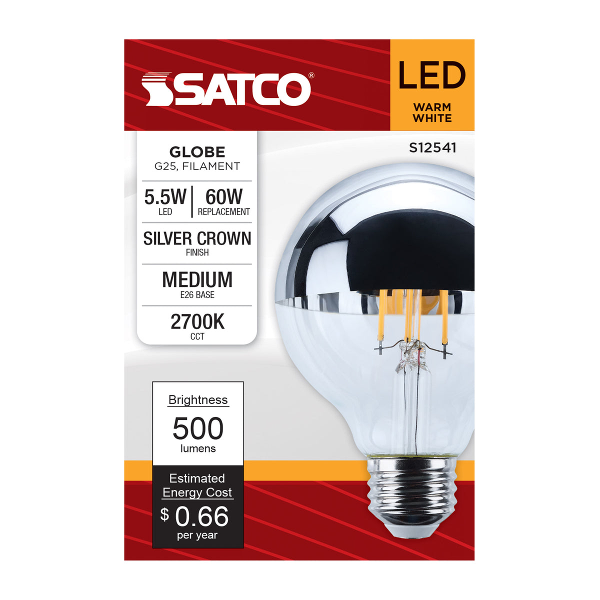5.5 Watt G25 LED - Medium Base - 2700K CCT - Silver Crown - 60 Watt Replacement