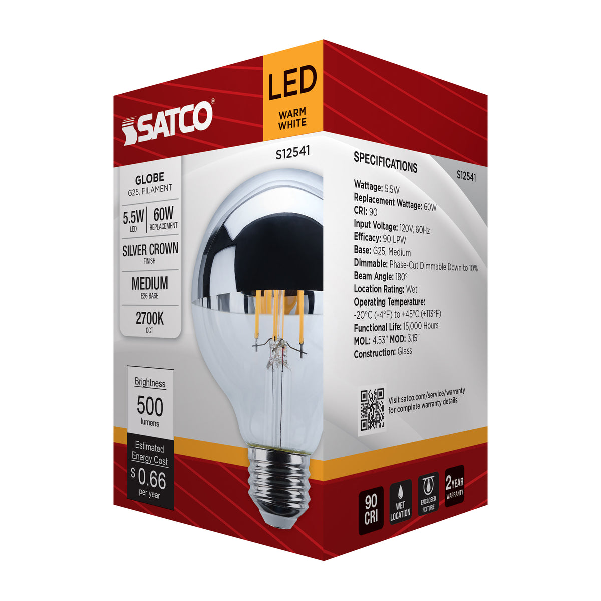 5.5 Watt G25 LED - Medium Base - 2700K CCT - Silver Crown - 60 Watt Replacement