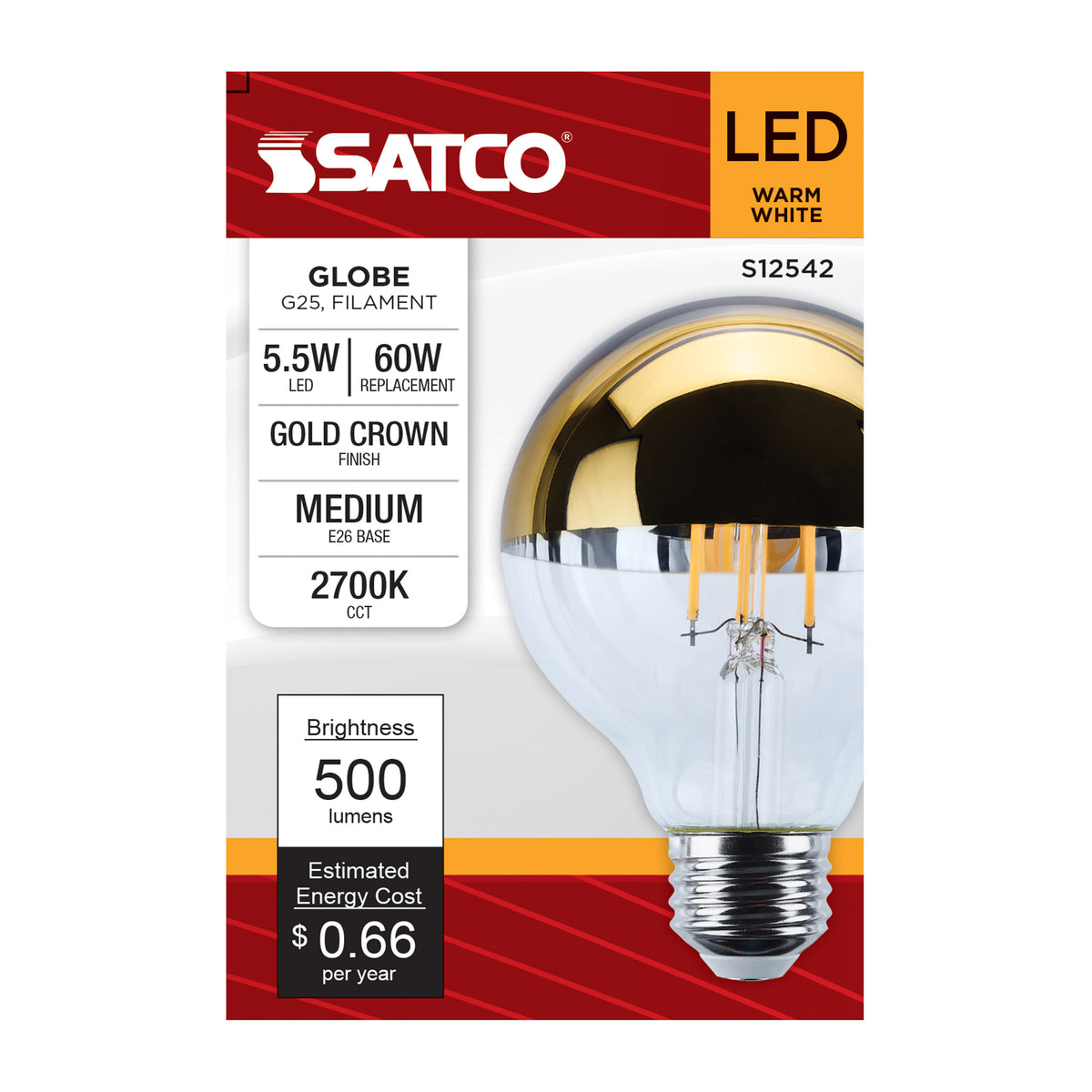 5.5 Watt G25 LED - Medium Base - 2700K CCT - Gold Crown - 60 Watt Replacement