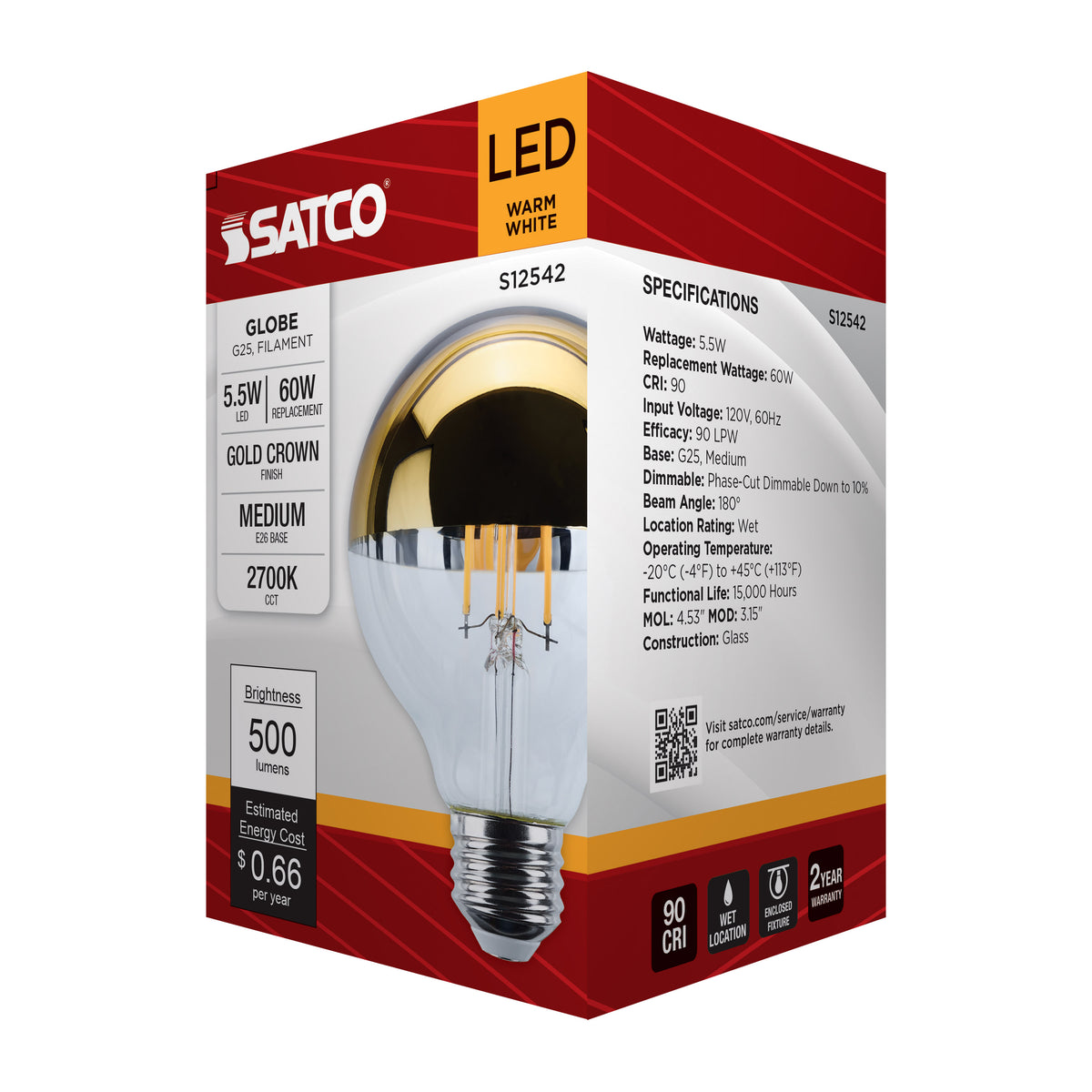 5.5 Watt G25 LED - Medium Base - 2700K CCT - Gold Crown - 60 Watt Replacement