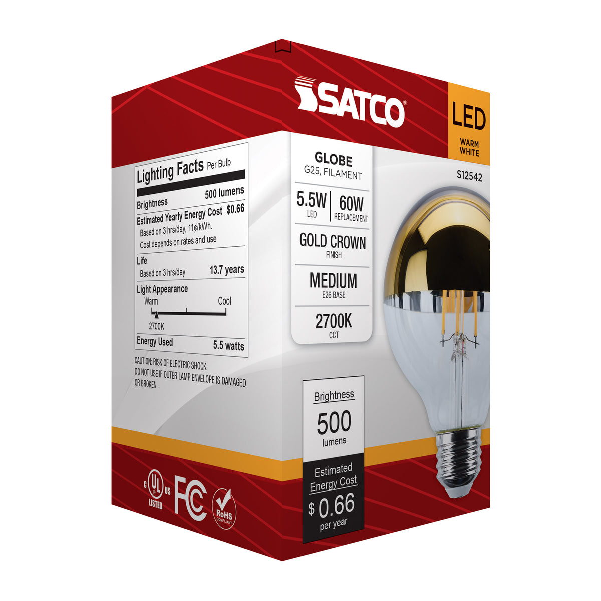 5.5 Watt G25 LED - Medium Base - 2700K CCT - Gold Crown - 60 Watt Replacement