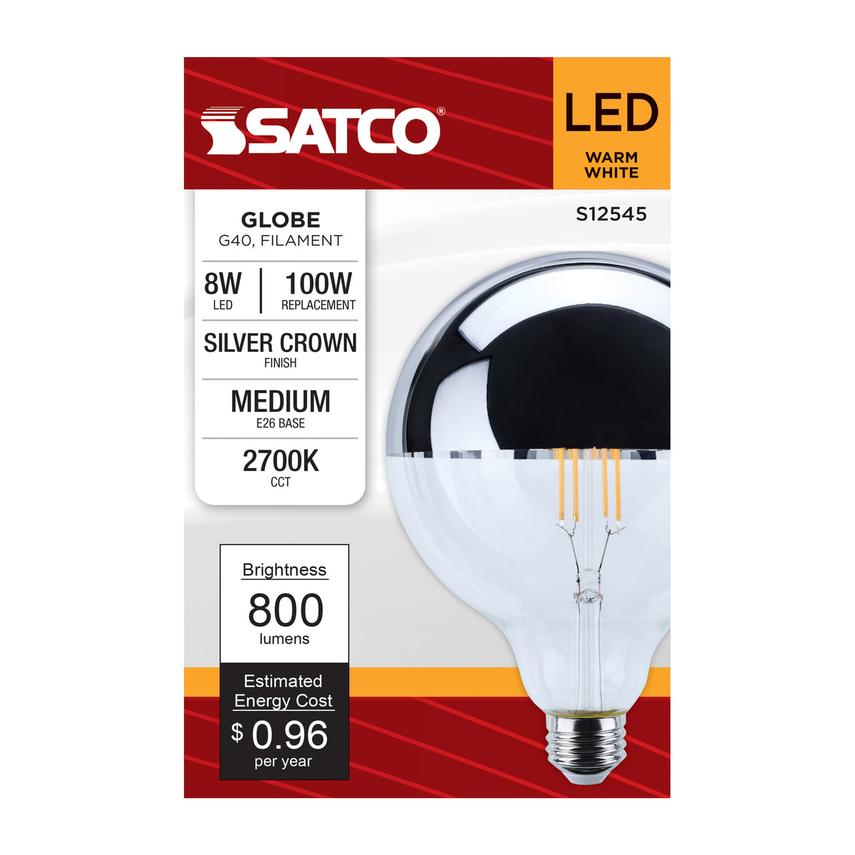 8 Watt G40 LED - Medium Base - 2700K CCT - Silver Crown - 100 Watt Replacement