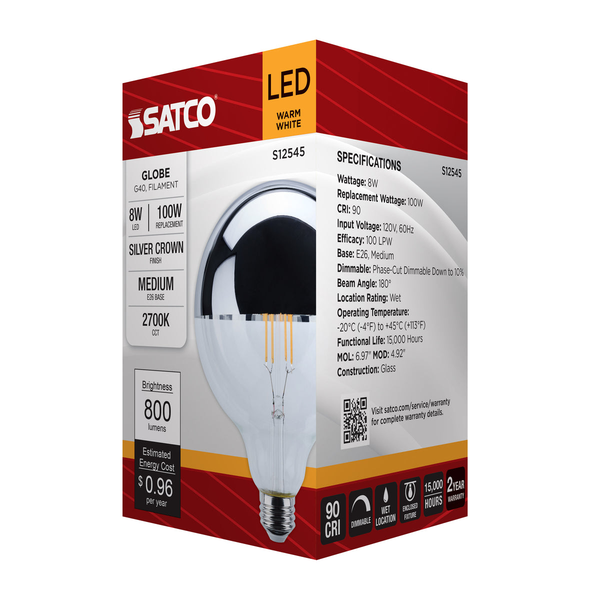 8 Watt G40 LED - Medium Base - 2700K CCT - Silver Crown - 100 Watt Replacement