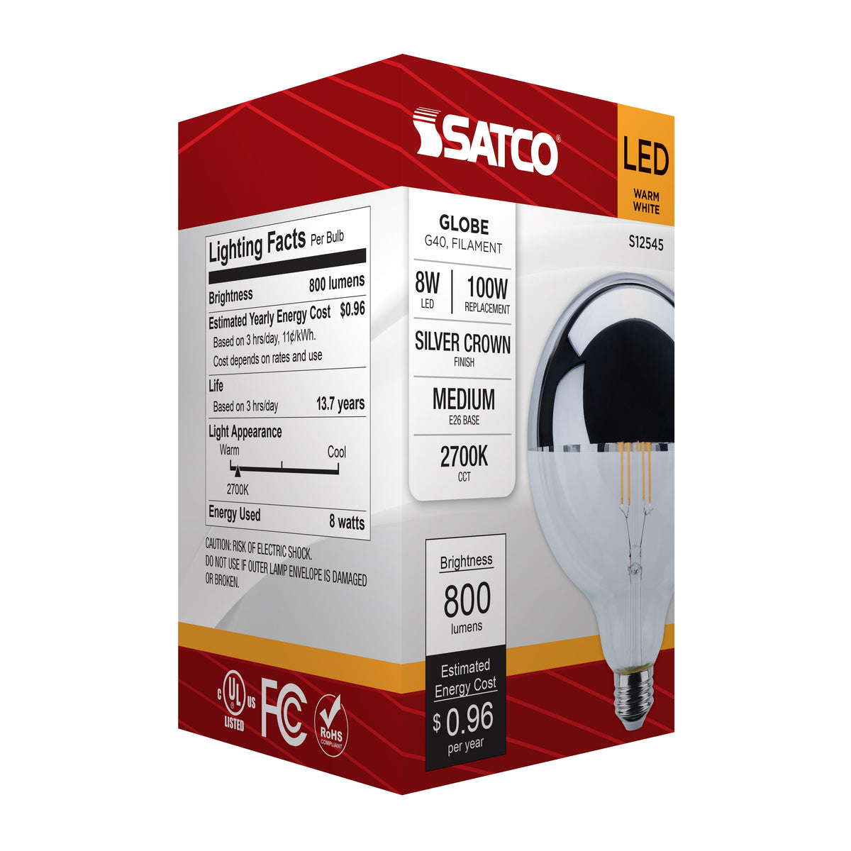 8 Watt G40 LED - Medium Base - 2700K CCT - Silver Crown - 100 Watt Replacement