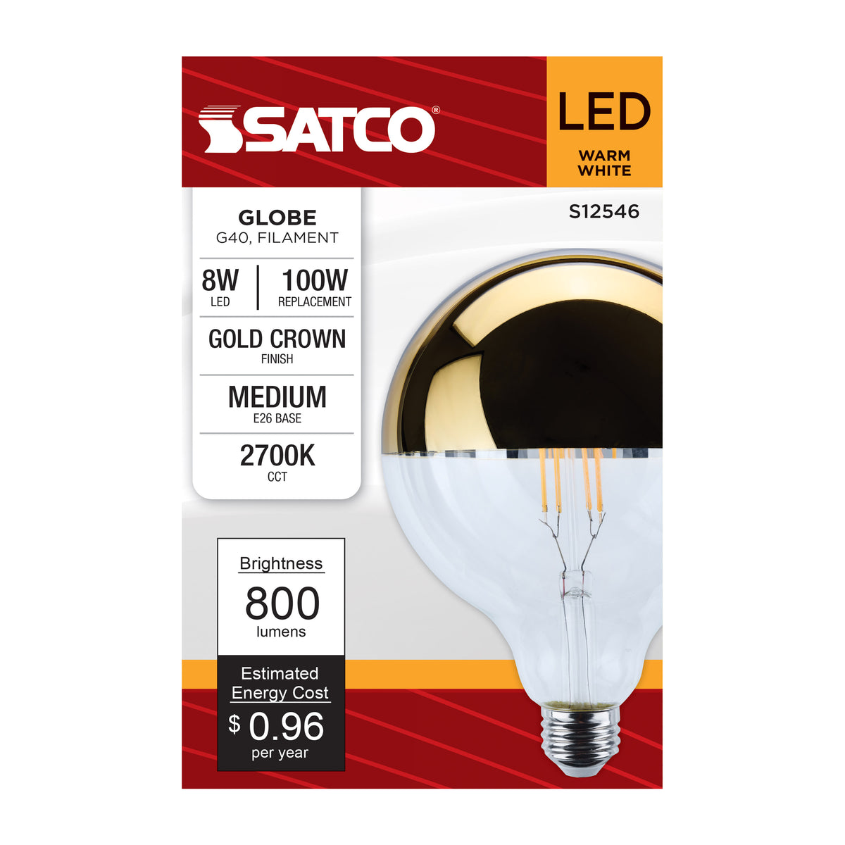 8 Watt G40 LED - Medium Base - 2700K CCT - Gold Crown - 100 Watt Replacement