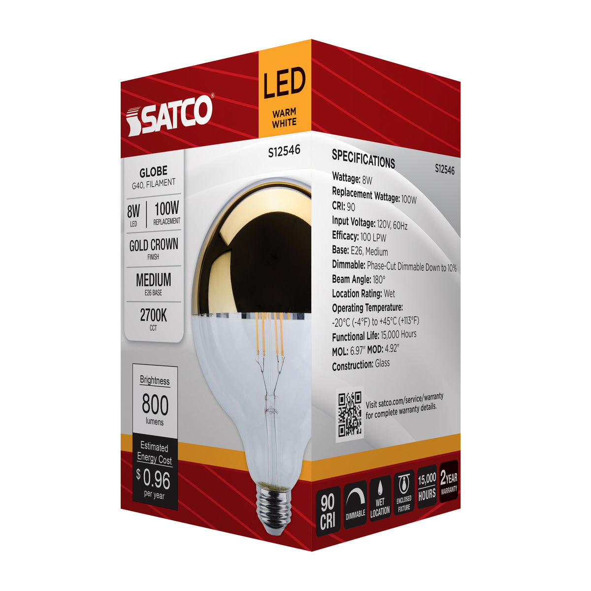 8 Watt G40 LED - Medium Base - 2700K CCT - Gold Crown - 100 Watt Replacement