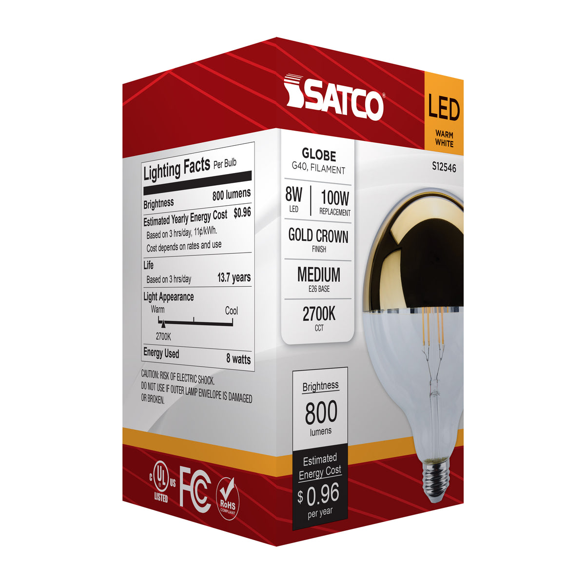8 Watt G40 LED - Medium Base - 2700K CCT - Gold Crown - 100 Watt Replacement