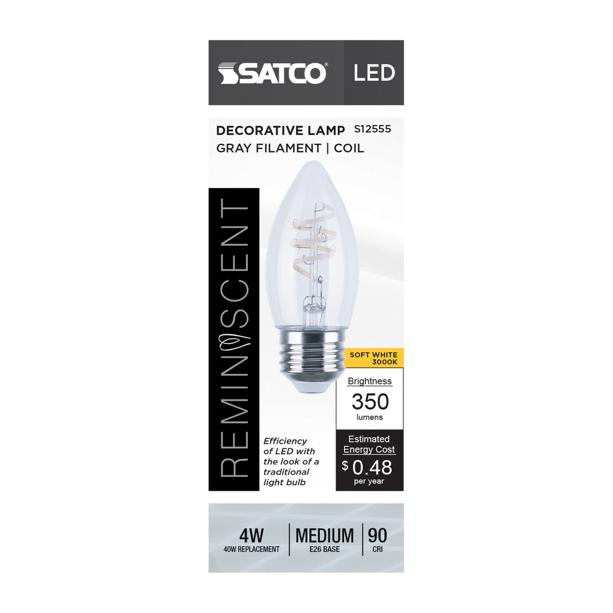 4 Watt B11 LED - Reminiscent - Flex Gray Coil Filament - E26 - 3000K - 120 Volt