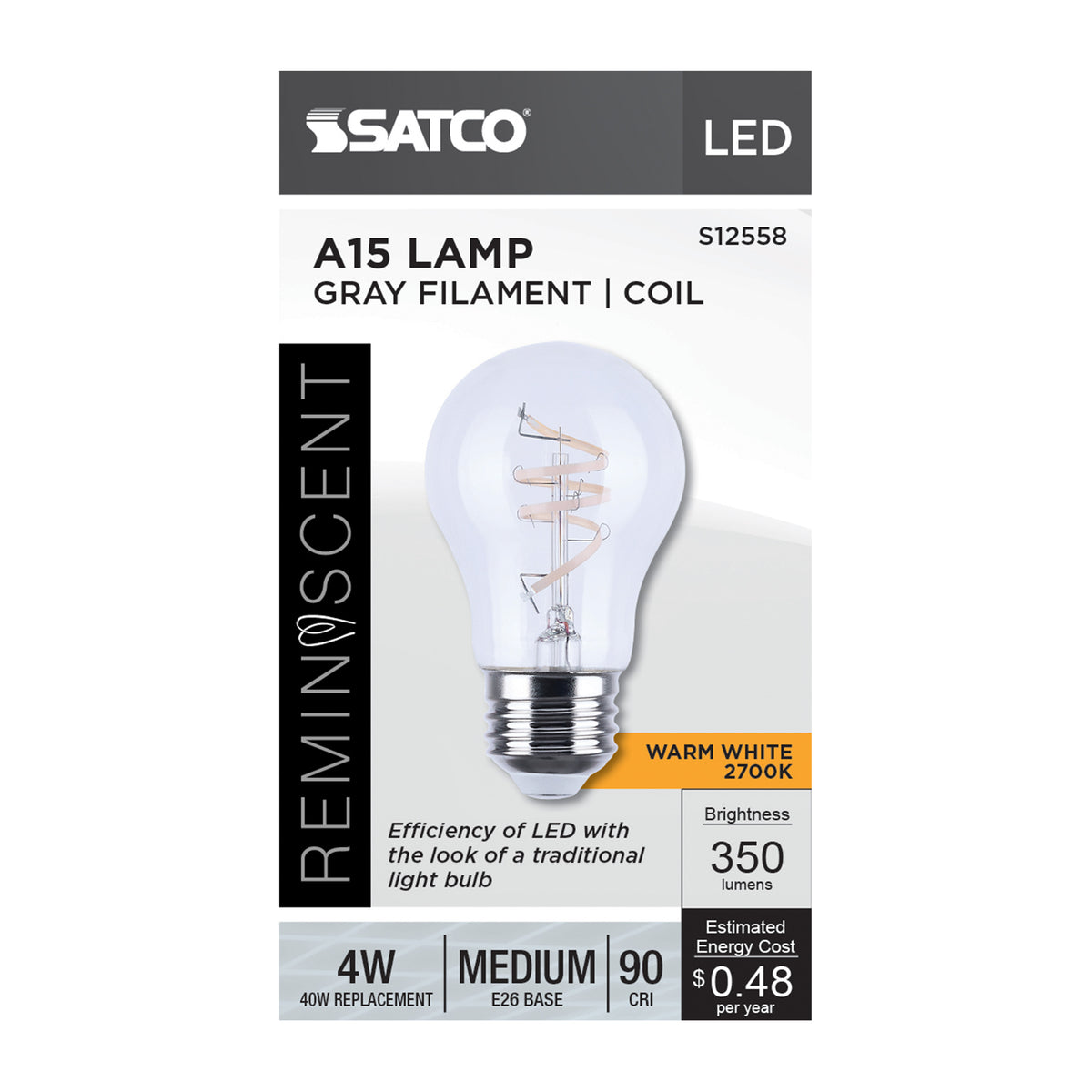 4 Watt A15 LED - Reminiscent - Flex Gray Coil Filament - E26 - 2700K - 120 Volt