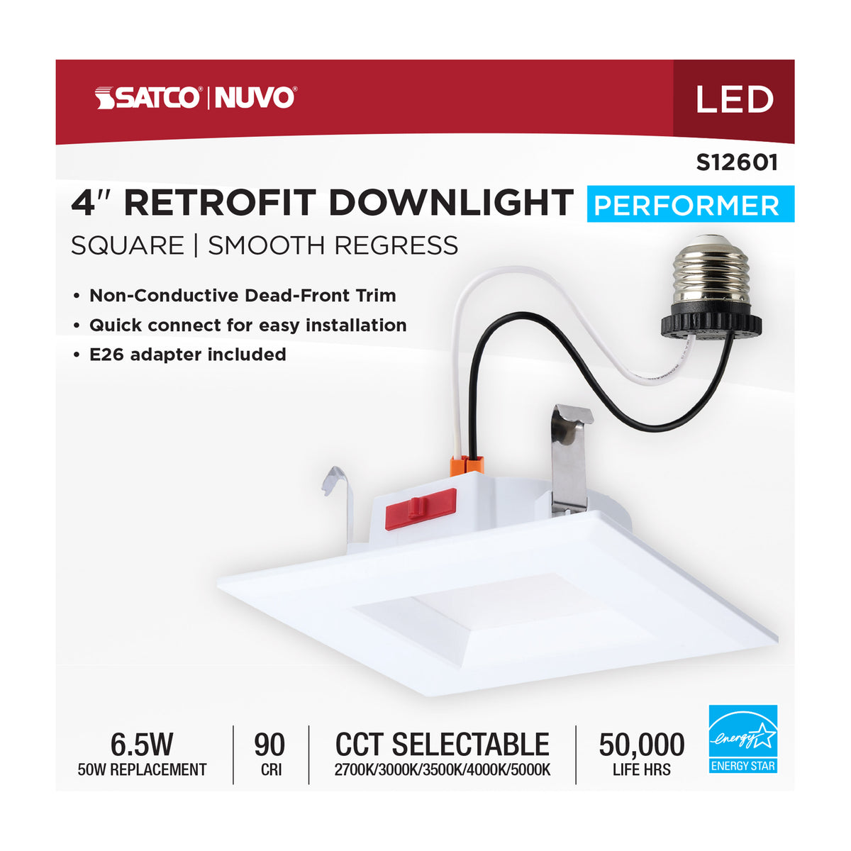 6 Watt LED Downlight Retrofit - 4 Inch - CCT Selectable - Square - White Finish