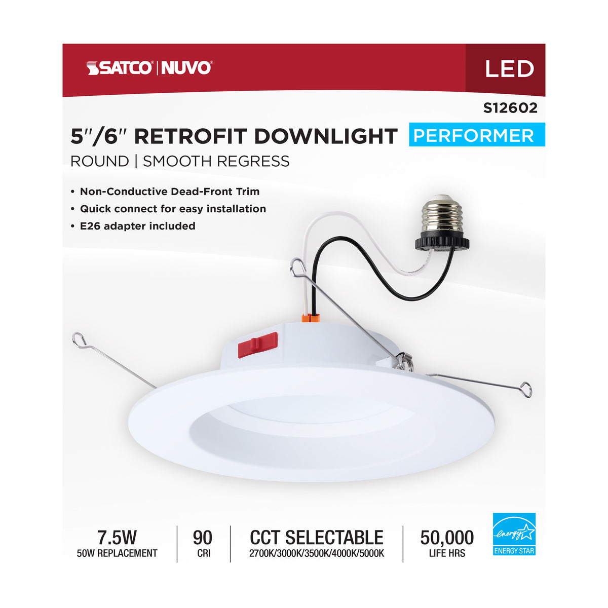 8 Watt LED Downlight Retrofit - 5-6 Inch - CCT Selectable - Round - White Finish