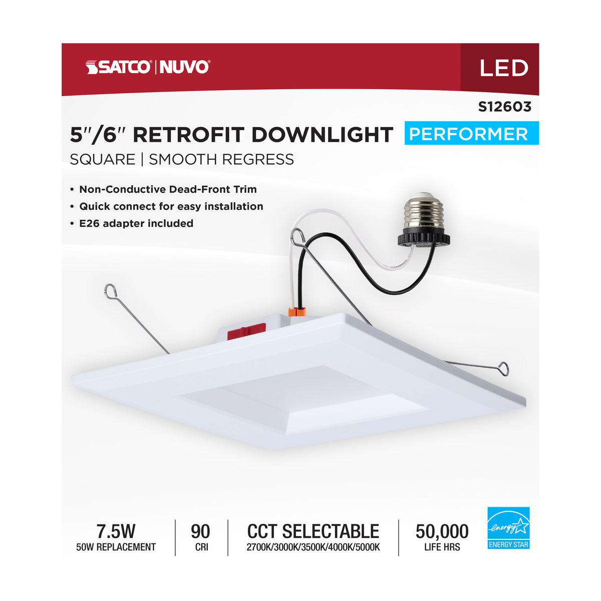 8 Watt LED Downlight Retrofit - 5-6 Inch - CCT Selectable - Square - White Finish