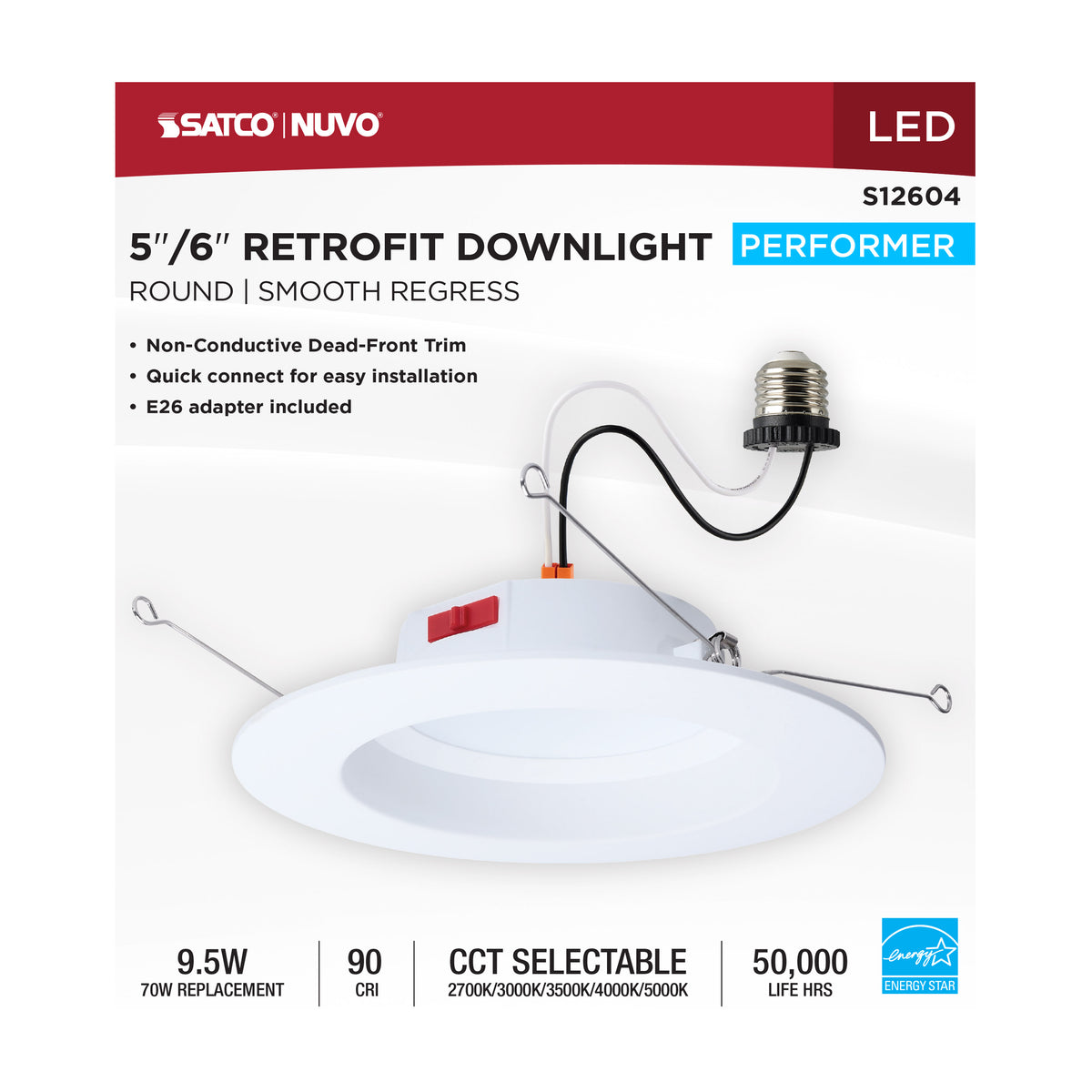 10 Watt LED Downlight Retrofit - 5-6 Inch - CCT Selectable - Round - White Finish