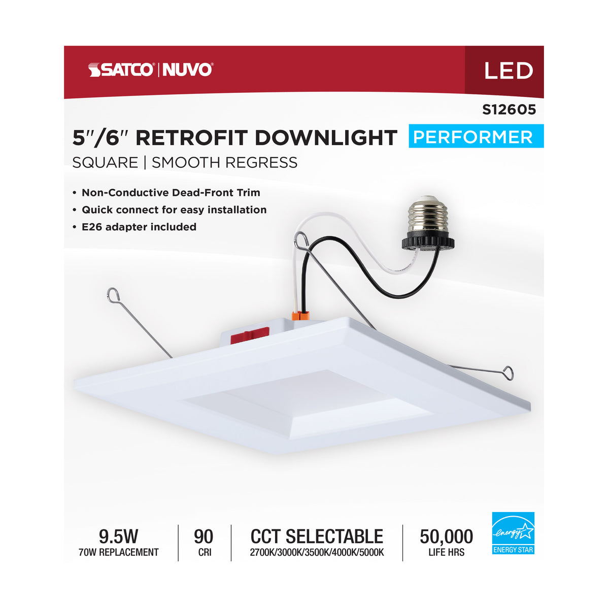 10 Watt LED Downlight Retrofit - 5-6 Inch - CCT Selectable - Square - White Finish