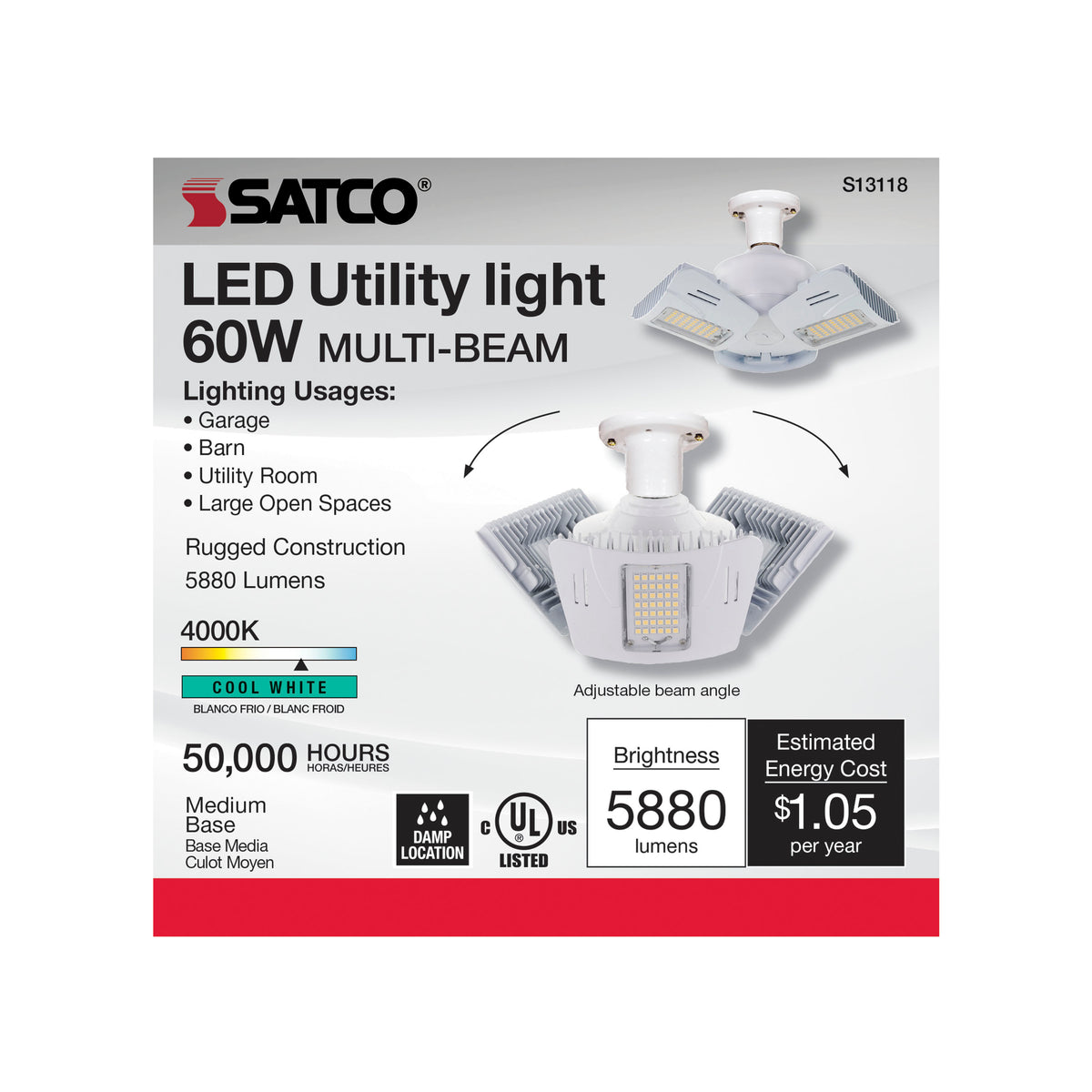 60 Watt LED Utility Light 4000K - Medium base - Adjustable Beam Angle - 120-277 Volt