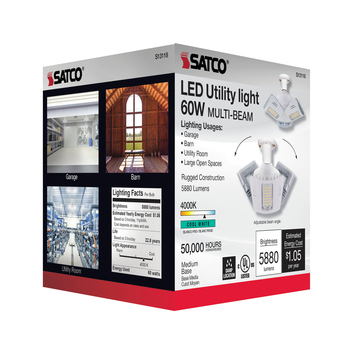 60 Watt LED Utility Light 4000K - Medium base - Adjustable Beam Angle - 120-277 Volt
