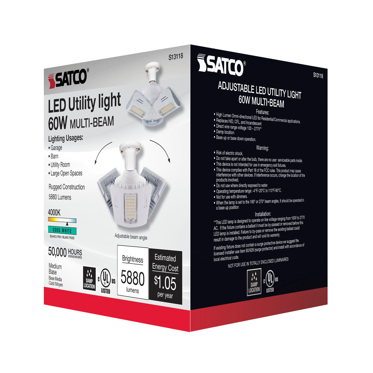 60 Watt LED Utility Light 4000K - Medium base - Adjustable Beam Angle - 120-277 Volt