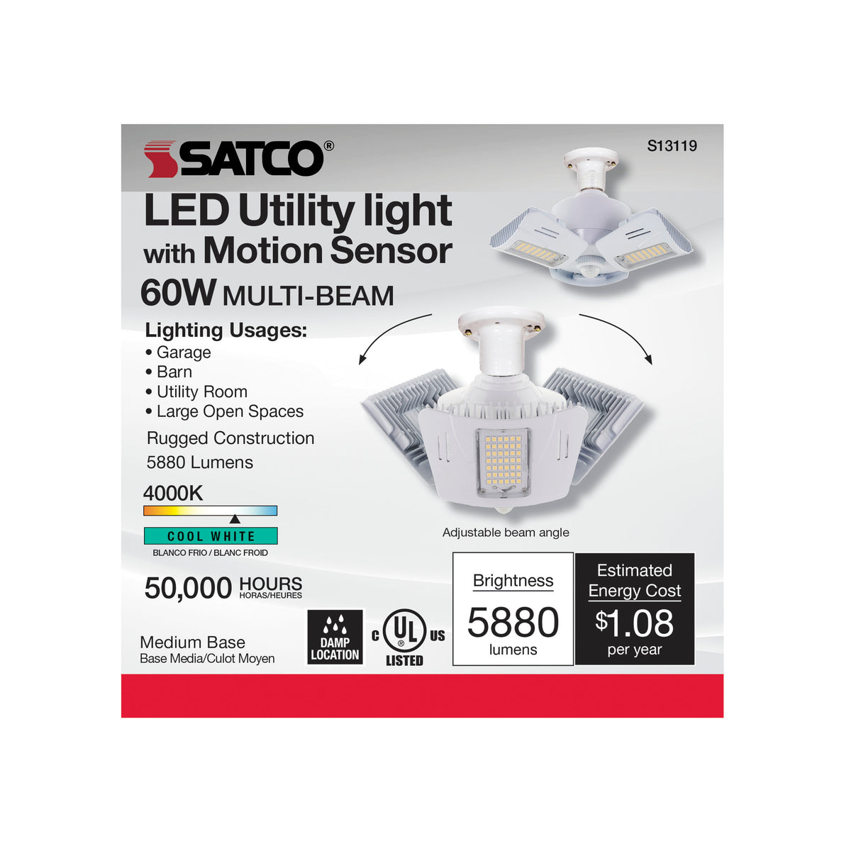 60 Watt LED Motion Sensor Utility Light 4000K - Medium base - Adjustable Beam Angle - 120-277 Volt