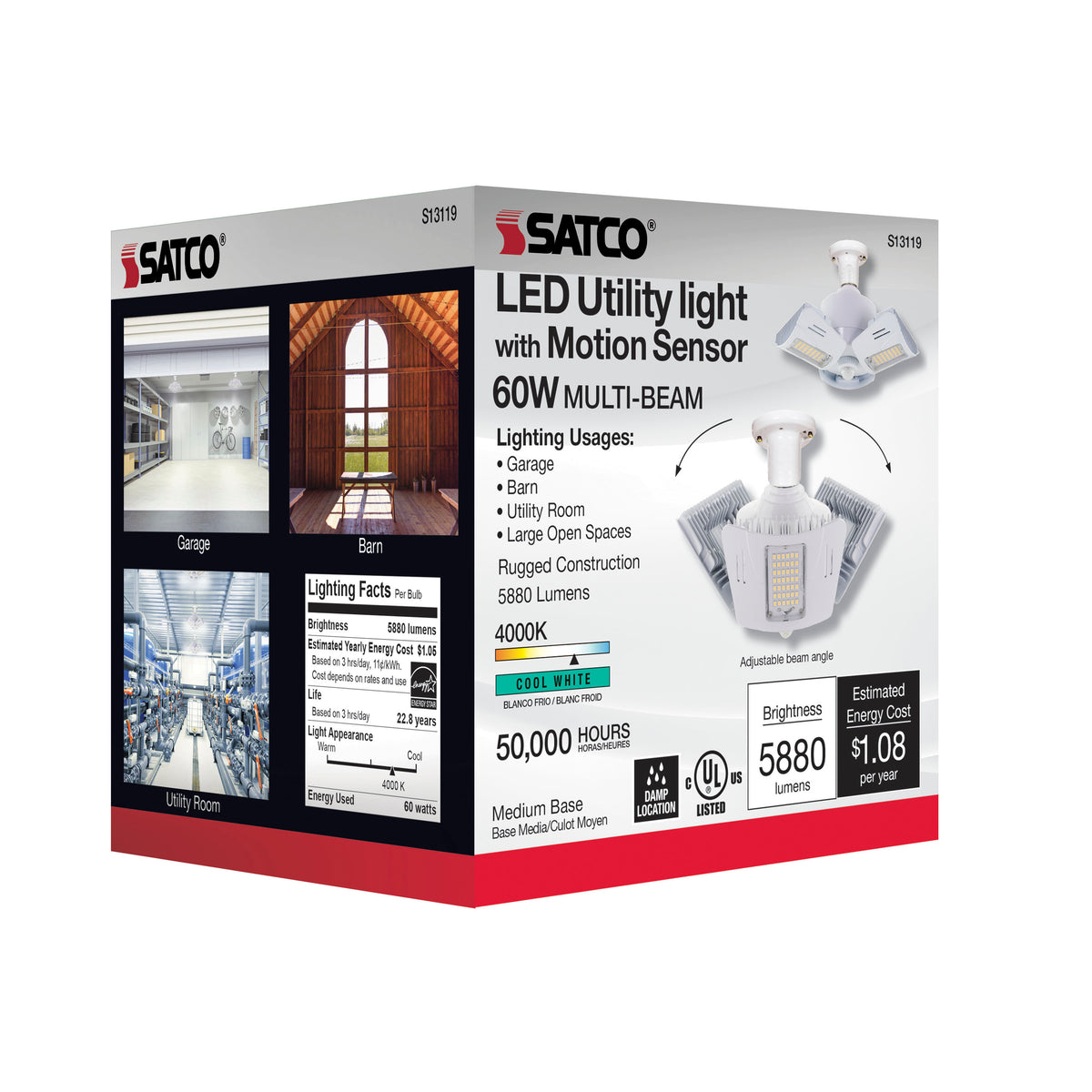 60 Watt LED Motion Sensor Utility Light 4000K - Medium base - Adjustable Beam Angle - 120-277 Volt