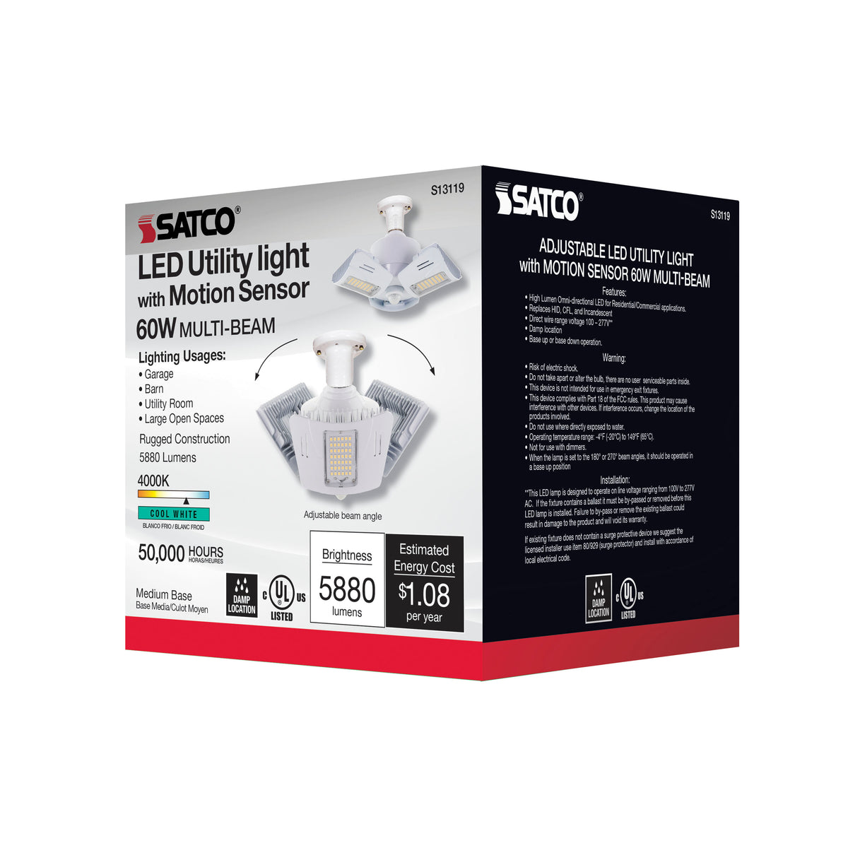 60 Watt LED Motion Sensor Utility Light 4000K - Medium base - Adjustable Beam Angle - 120-277 Volt