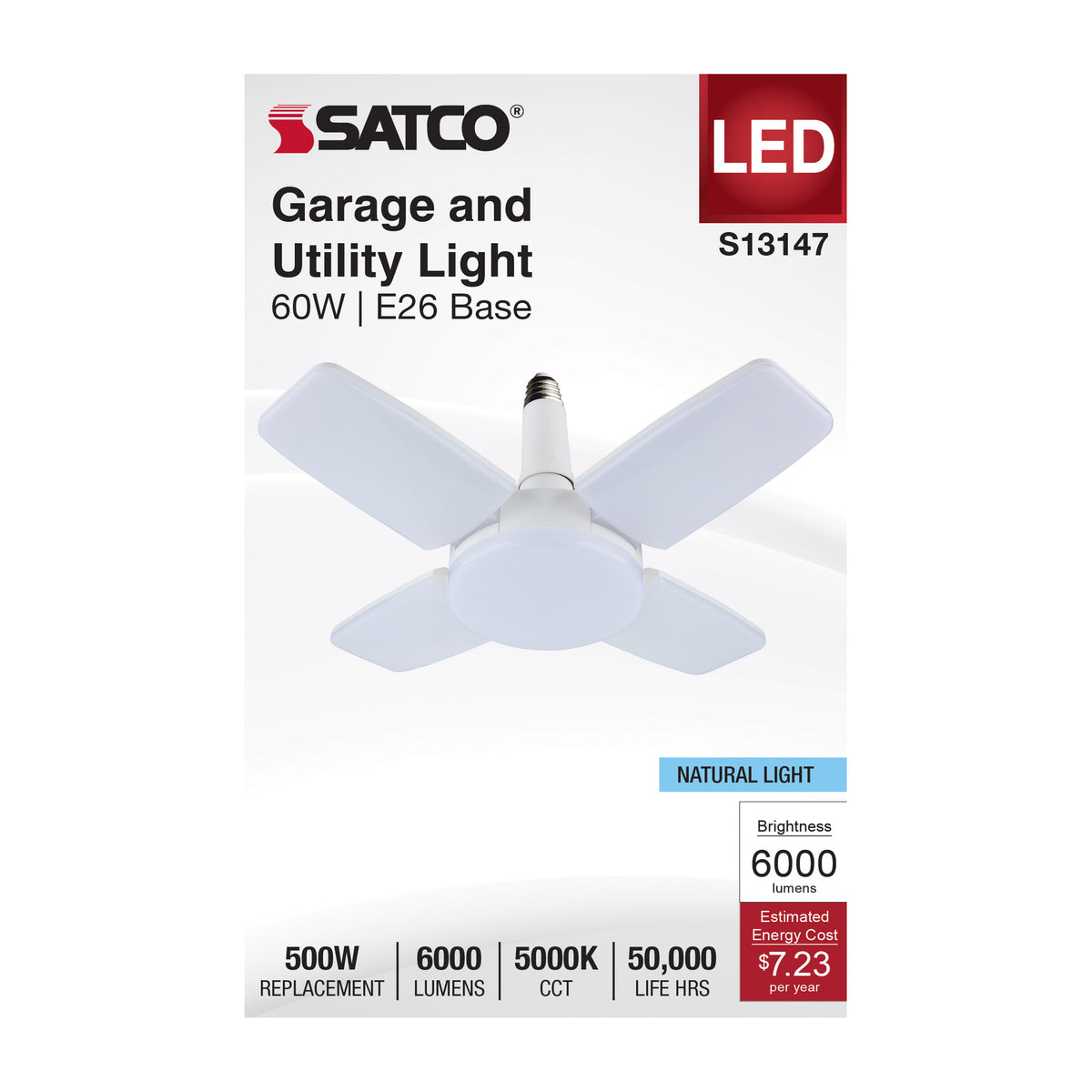 60 Watt LED Multi-Beam Utility/Garage Lamp - 5000K Natural Light - White Finish - 120 Volt for commercial spaces and parking