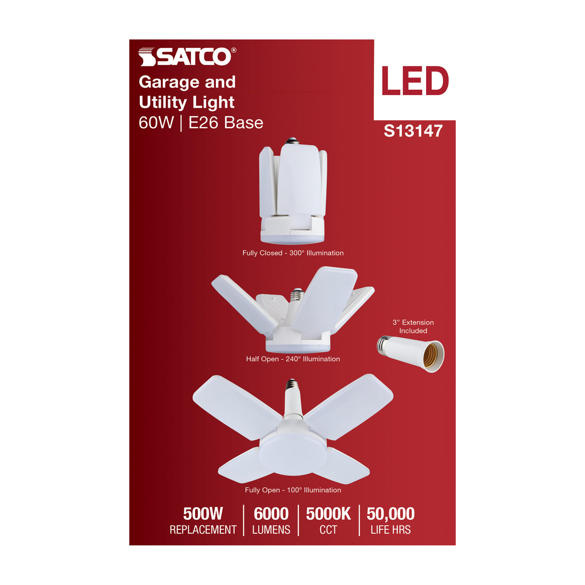 60 Watt LED Multi-Beam Utility/Garage Lamp - 5000K Natural Light - White Finish - 120 Volt