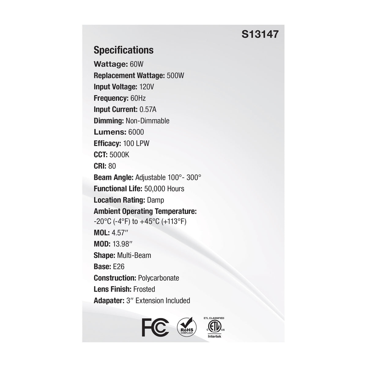60 Watt LED Multi-Beam Utility/Garage Lamp - 5000K Natural Light - White Finish - 120 Volt